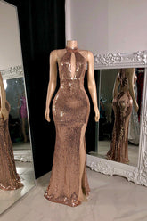 Elegant Rose Sequin Halter Neck Long Slit Prom Dress