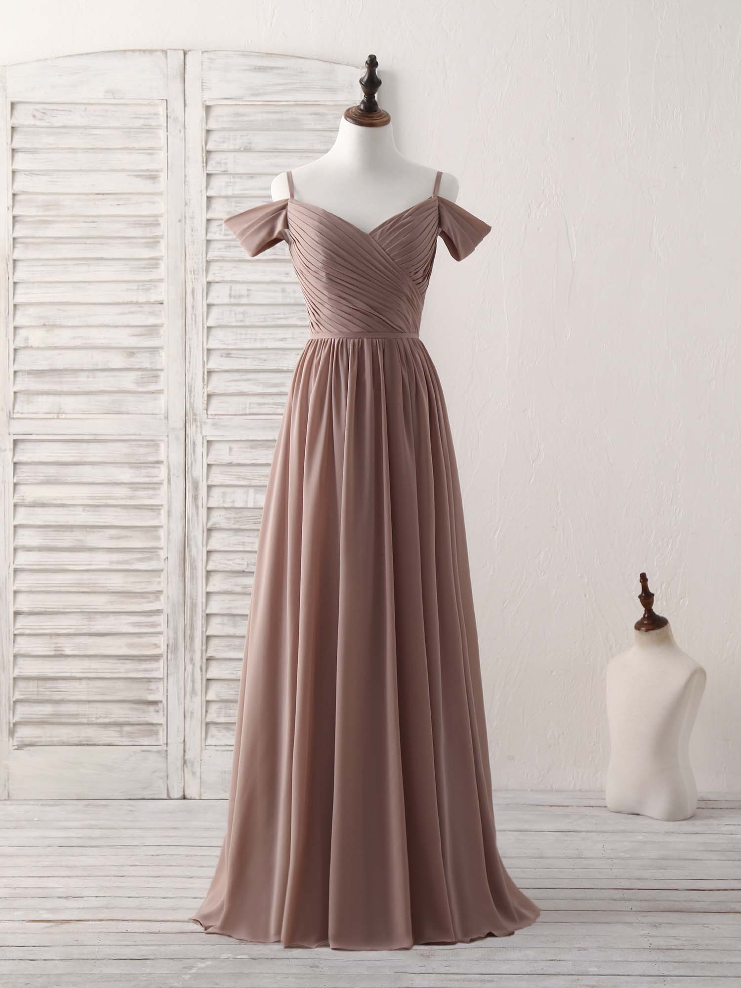 Elegant V-Neck Dark Champagne Chiffon Long Prom Bridesmaid Dress