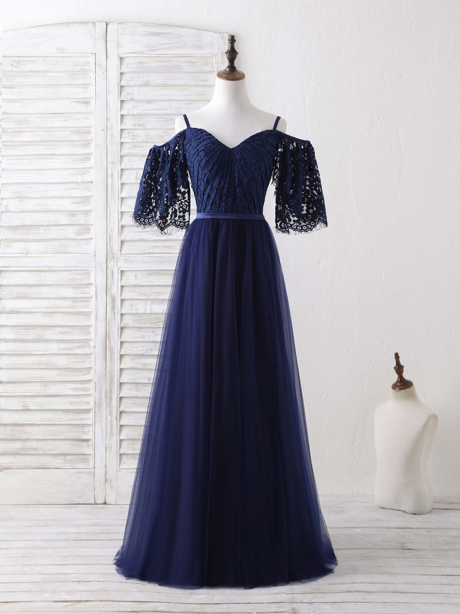 Elegant Dark Blue A-Line Lace Tulle Long Prom Dress Evening Gown