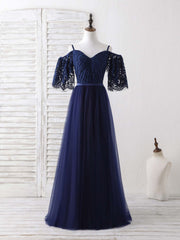 Elegant Dark Blue A-Line Lace Tulle Long Prom Dress Evening Gown