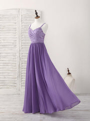Elegant Purple Lace Chiffon Long Prom Dress, Stunning Bridesmaid Gown for Special Occasions