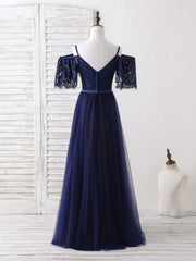 Elegant Dark Blue A-Line Lace Tulle Long Prom Dress Evening Gown