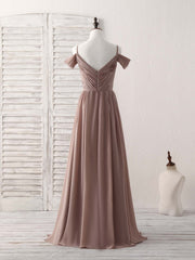 Elegant V-Neck Dark Champagne Chiffon Long Prom Bridesmaid Dress