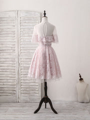 Elegant Pink Round Neck Lace Tulle Short Prom Dress for Homecoming Events