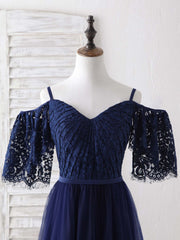 Elegant Dark Blue A-Line Lace Tulle Long Prom Dress Evening Gown