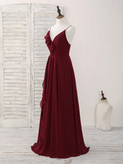 Elegant Burgundy V-Neck Chiffon Gown: Perfect Long Prom or Bridesmaid Dress