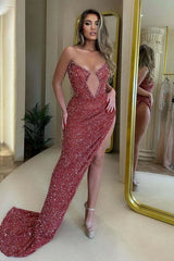 Sexy Strapless V-Neck High Slit Sequin Prom Gown Formal Dress