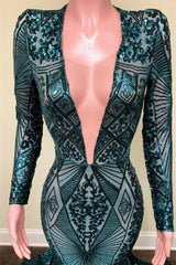 Emerald V-Neck Long Sleeves Sequin Lace Mermaid Prom Dress for Women
