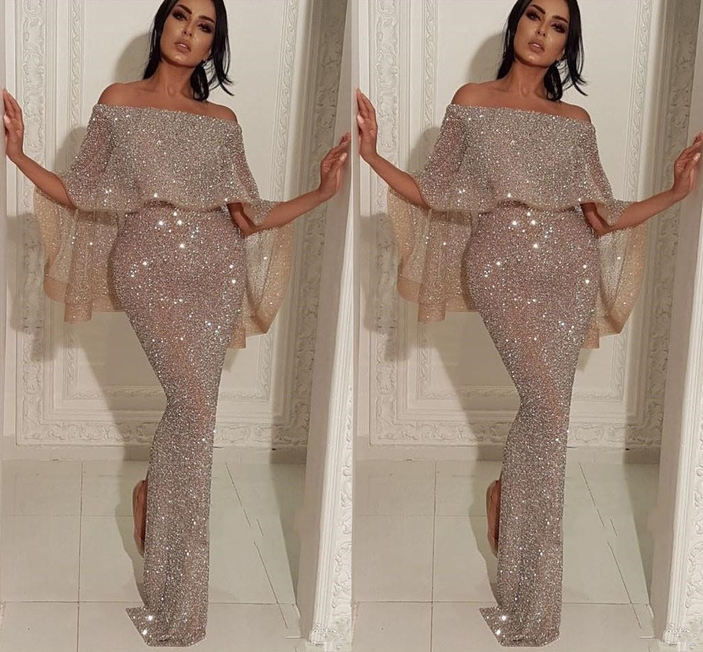 Glittering Off-Shoulder Mermaid Prom Dress: Elegant Sequin-Embellished Gown for Special Occasions