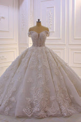 Elegant Off-the-Shoulder A-Line Wedding Dress with Long Sleeves Appliques Court Train