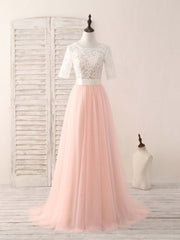 Elegant Pink Tulle Lace Long Prom Dress Bridesmaid Gown for Special Occasions