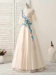 Elegant Lace Applique Tulle Long Prom Dress Light Champagne Bridesmaid Gown