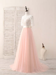 Elegant Pink Tulle Lace Long Prom Dress Bridesmaid Gown for Special Occasions