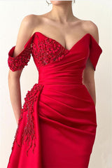 Elegant Red Mermaid Prom Dress: V-Neck, Off-Shoulder, Beaded, Long Ruffles Gown