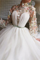 Elegant High Collar White Mermaid Evening Gown with Long Sleeves and Floral Details