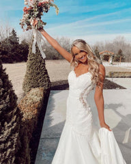 Elegant White V-Neck Mermaid Wedding Dress with Lace Appliques & Spaghetti Straps