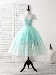 Elegant Blue Tulle Lace Short Prom Dress Bridesmaid Gown