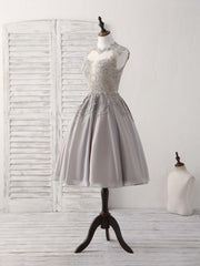 Elegant High-Neck Gray Lace Chiffon Short Prom Dress Bridesmaid Gown