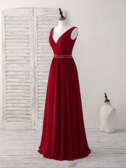 Elegant Burgundy Chiffon V-Neck Beaded Long Prom Evening Dress for Women