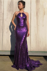 Sparkling Halter Neck Purple Sequin Mermaid Prom Dress: Glamorous Floor-Length Evening Gown