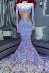 Elegant High Neck Long Sleeve Sequined Lace Mermaid Prom Dress