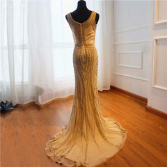 Gold Sequin Mermaid Prom Dress V Neck Long Sleeveless Evening Gown
