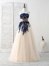 Elegant Dark Blue Lace Applique Tulle Long Prom Dress for Bridesmaids