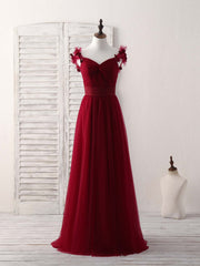 Elegant Simple Burgundy Tulle Long Prom Dress, Perfect Bridesmaid Gown