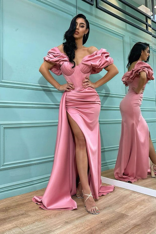 Elegant Pink Off-Shoulder Mermaid Prom Dress with Slit for Special Occasions