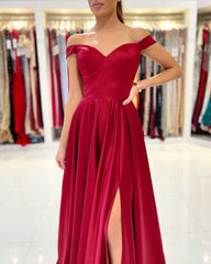 Off-The-Shoulder Burgundy Prom Dress with Slit Elegant Formal Evening Gown