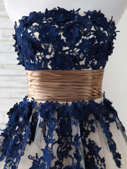 Elegant Dark Blue Lace Applique Tulle Long Prom Dress for Bridesmaids