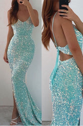 Elegant Mermaid Sequin Prom Dress with Spaghetti Straps and Thigh Split