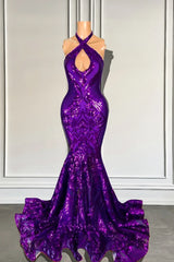 Sparkling Halter Neck Purple Sequin Mermaid Prom Dress: Glamorous Floor-Length Evening Gown