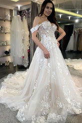 A-Line Deep V-Neck Backless Wedding Dress Long Sleeves Pearl Appliques Lace