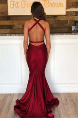 Sleek Burgundy Sleeveless Mermaid Prom Dress: Elegant V-Neck, Open Back, Floor-Length Gown