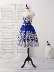 Elegant Blue Tulle Lace Applique Short Prom Dress Bridesmaid Gown
