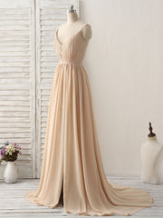 Simple Champagne V-Neck Chiffon Bridesmaid Dress: Elegant Long Prom Gown