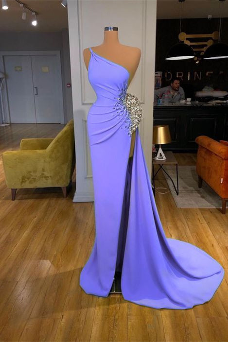 One Shoulder Spaghetti Strap Sequins Mermaid Prom Dress with Split