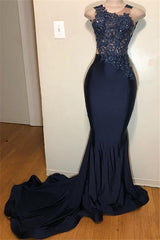 Dark Blue Appliqued Sleeveless Mermaid Prom Dress - Elegant Formal Gown