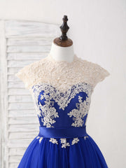 Elegant Blue Tulle Lace Applique Short Prom Dress Bridesmaid Gown