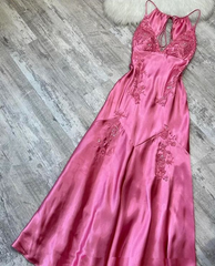 V Neck Long Prom Dress Evening Gown Satin Red Pink