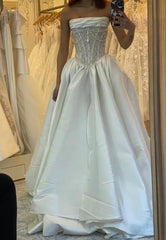 Elegant A-Line Strapless Satin Wedding Dresses with Beads and Lace