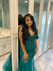 Dark Green Mermaid Tulle Lace Prom Dress Formal Gown for Winter