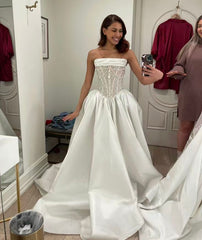 Elegant A-Line Strapless Satin Wedding Dresses with Beads and Lace