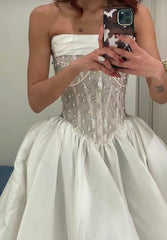 Elegant A-Line Strapless Satin Wedding Dresses with Beads and Lace