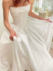 Elegant A-Line Strapless Satin Wedding Dresses with Beads and Lace