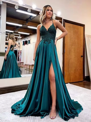 Elegant Long A Line Satin V Neck Prom Dresses With Lace