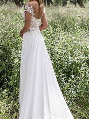 Short Sleeve Lace Wedding Dress with High Slit Flowing Skirt