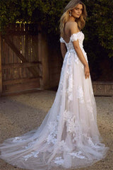 Off-Shoulder Tulle A-Line Wedding Dress with Lace Appliques