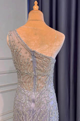 Light Purple One-Shoulder Mermaid Prom Dress with Beaded Details and Ruffles